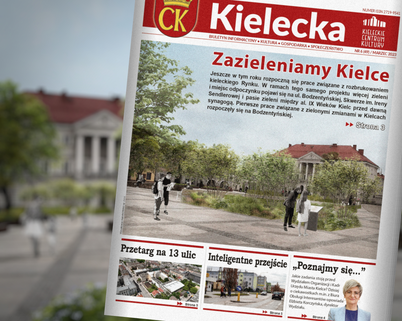 Grafika z pierwszą stroną dwutygodnika "Kielecka" na tle wizualizacji Rynku po zielonej rewitalizacji