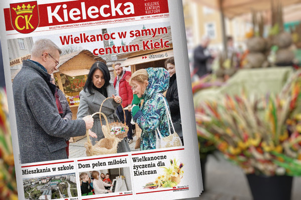 Pierwsza strona bezpłatnego biuletynu "Kielecka" na tle świątecznych ozdób