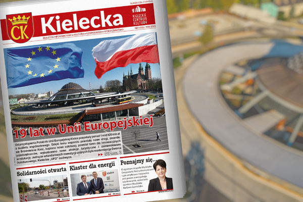 Grafika z pierwszą stroną biuletynu "Kielecka" na tle zdjęcia Dworca Autobusowego