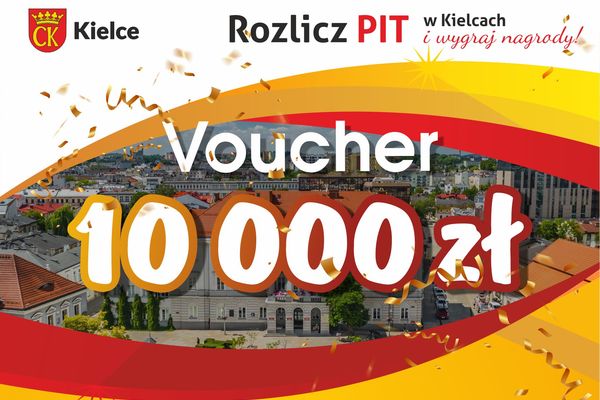 Grafika z symbolicznym czekiem, nagrodą główną w loterii "Rozlicz PIT w Kielcach"