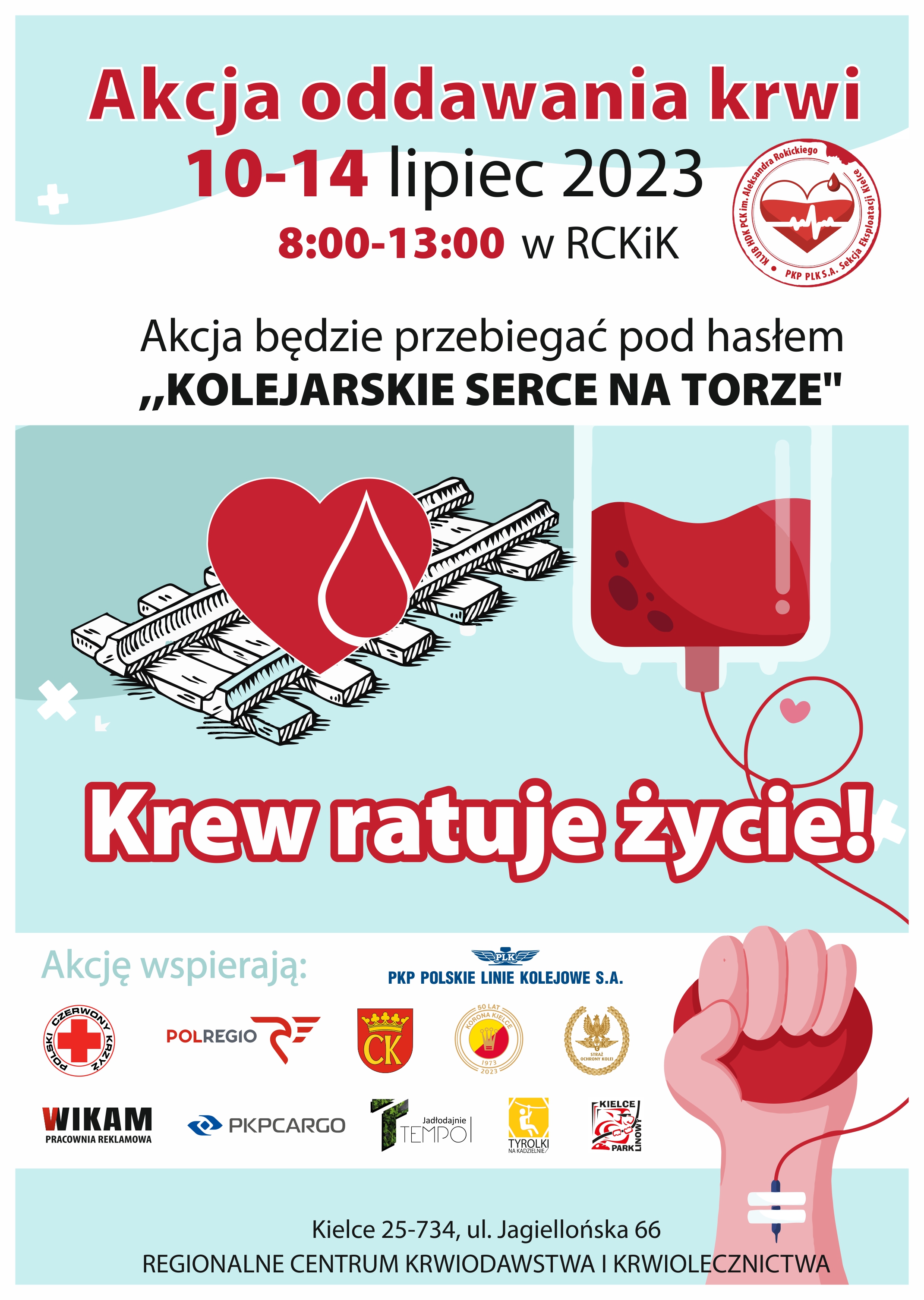 Grafika: Plakat promujący akcję "Kolejarskie serce na torze"