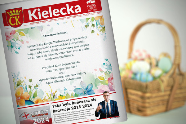Pierwsza strona biuletynu Kielecka. Na drugim planie świąteczny koszyczek z pisankami.