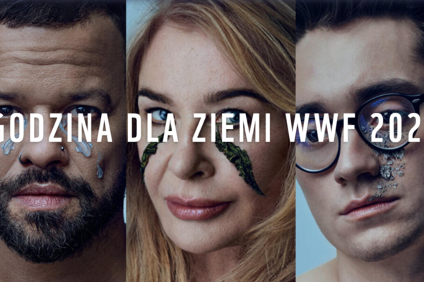 plakat z twarzami kilku osób i napisem „Godzina dla Ziemi WWF 2024”