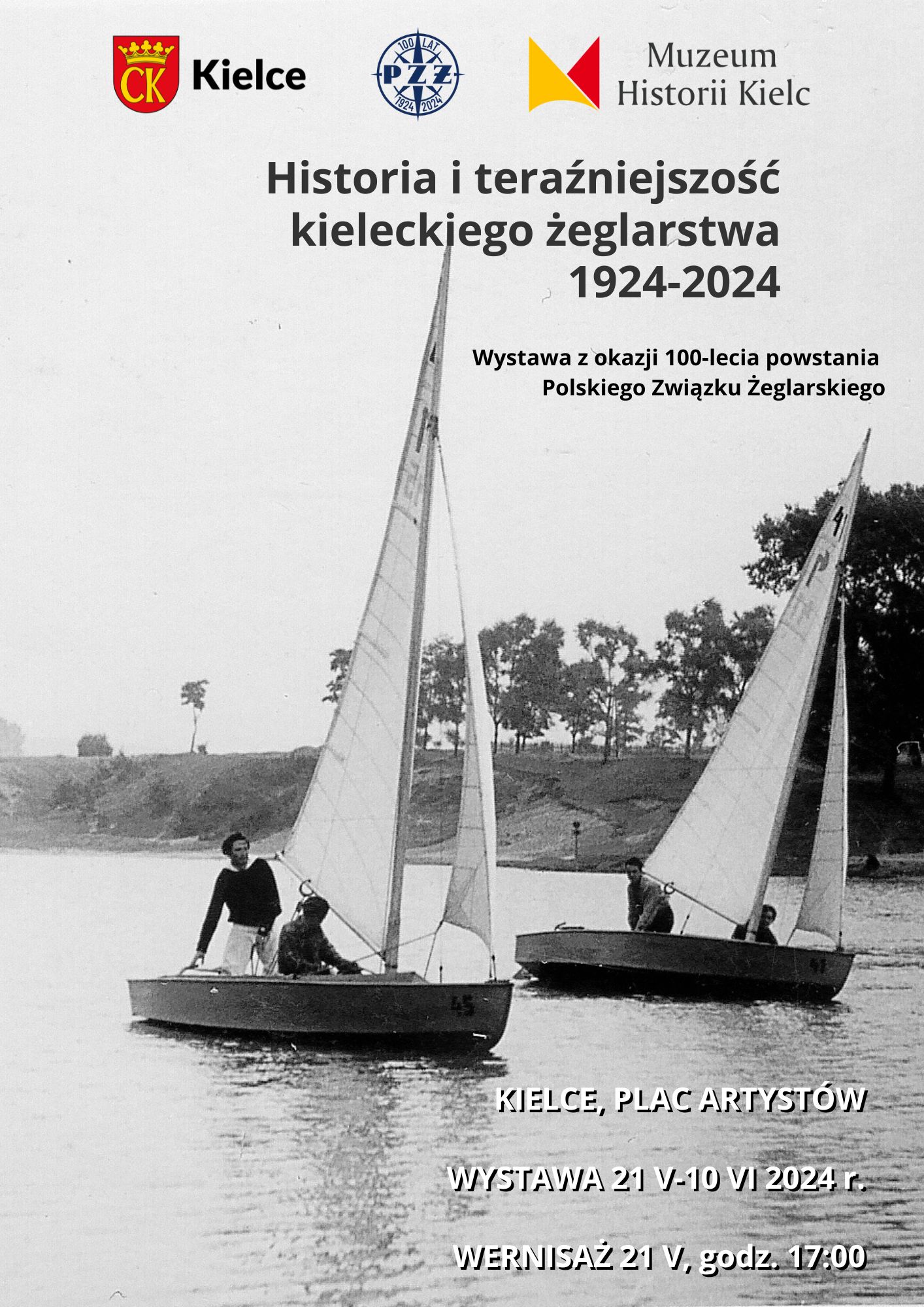 Plakat z czarno-białym zdjęciem żaglówek, które pływają po Kieleckim Zalewie.