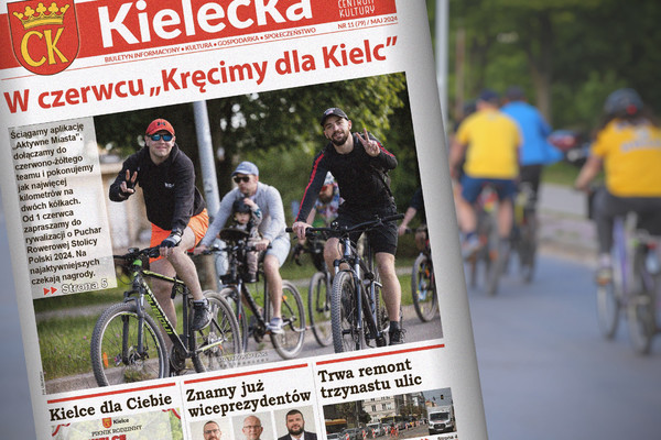 grafika; okładka biuletynu Kielecka nr 11/2024 na niej zdjęcie jadących rowerzystów i tytuł "W czerwcu "Kręcimy dla Kielc"". w tle rozmyte zdjęcie osób jadących na rowerach