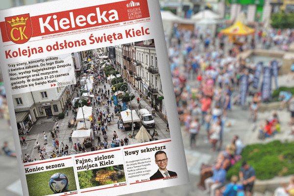 Pierwsza strona dwutygodnika "Kielecka" na tle zdjęcia Placu Artystów z lotu ptaka.