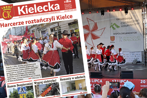 Pierwsza strona biuletynu "Kielecka" na tle zdjęcia sceny na Rynku, na której trwają występy w ramach "Wiatraczka"