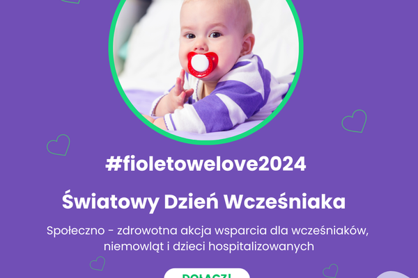 Grafika, na fioletowym tle z serduszkami,  zdjęcie małego dziecka, które ma w buzi smoczek, tekst #fioletowelove2024